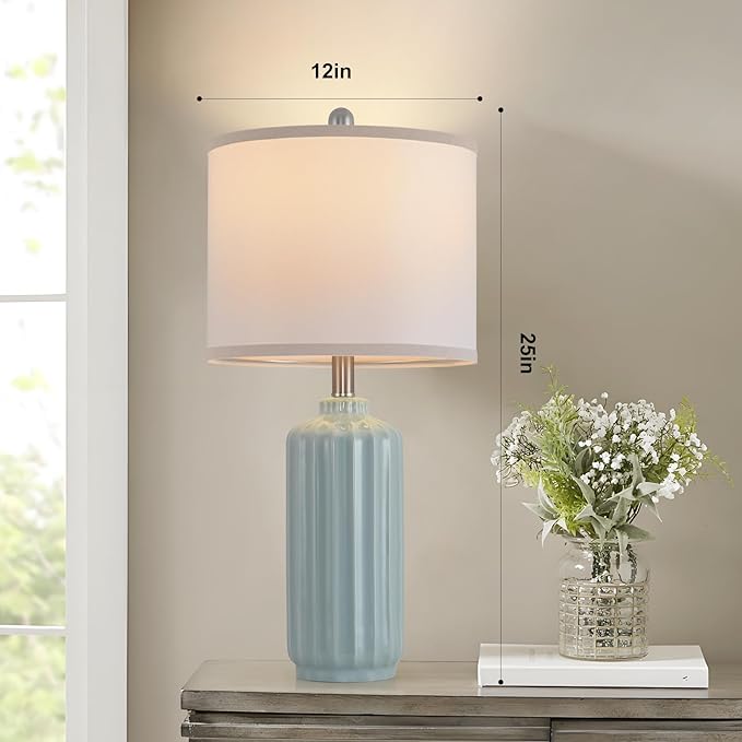 Lamp for Living Room Bedroom Lamps Farmhouse Table Lamps Set of 2 Vertical Stripe Ceramic Table Lamp,Linen Shade with Bulb, 25 in High,Light Blue - Bloomnest