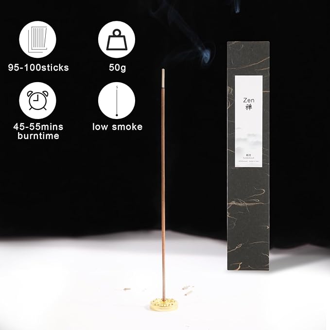 Zen Tibetan Sandalwood Incense Sticks with Holder, Low Smoke 50 Min Burn – Stress Relief, Yoga & Meditation Relaxation, 50g (95-100 Sticks) Eco-Friendly Packaging - Bloomnest