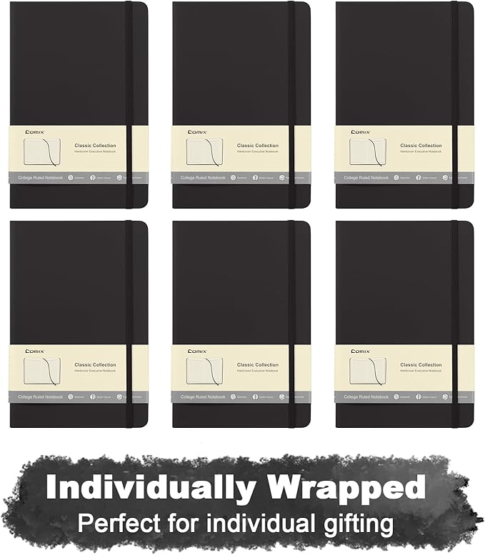 Comix 6 Pack Lined Journal Notebooks for Work, 240 Pages, 5.5"x8.3", Black, Hardcover, A5 Medium College Ruled, Journaling Notebooks for Notes-taking, Fits for Office School Home - Bloomnest