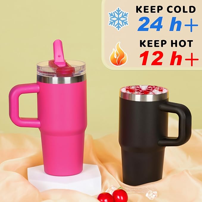 14 oz Tumbler for kids with Detachable Flip Straw Lid and handle, 100% Leak Proof 14 oz mini cup, Stainless Steel Vacuum Insulated Tumbler, Wide Mouth Easy to Clean, Keep Cold or Hot (Hot Pink) - Bloomnest