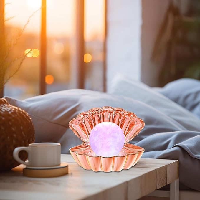 Shell Pearl Beach Themed Night Light, RGB 8 Colors Changing Mood Shell Pearl Lamps, Bedside LED Clamshell Portable Night Lights for Bar (Electroplated Rose Gold) - Bloomnest