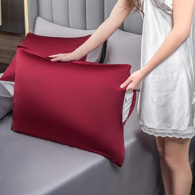 Mulberry Silk Pillowcase for Hair and Skin,King Size Cooling Silk Pillow Case with Hidden Zipper,Allergen Proof Dual Sides Soft Breathable Smooth Silk Pillow Cover for Women(King,Dark Red) - Bloomnest