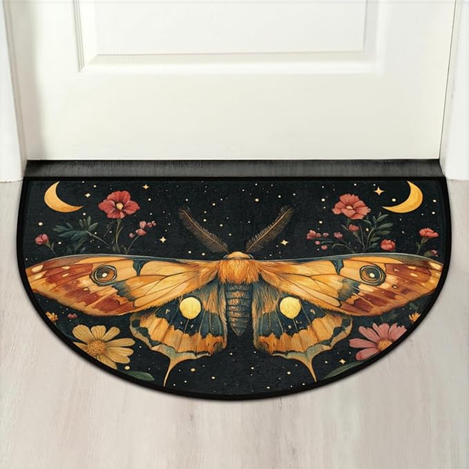 Half Round Door Mat, Moth Moon Flower Half Circle Rug for Home Decor Floor Indoor Outdoor Non-Slip Washable Half Moon Rug Doormat 36X24 Inch - Bloomnest