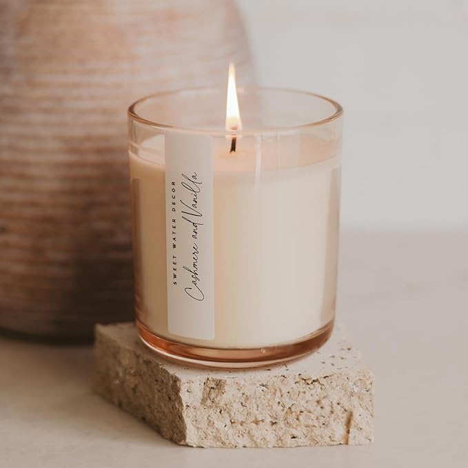 Sweet Water Decor Cashmere and Vanilla Scented Soy Candles – Milky Coconut, Jasmine, Soft Cashmere, Exotic Musk – Cozy Aroma – 50 Hour Burn – 12oz Tinted Glass Jar for Home Decor and Bedroom Decor - Bloomnest