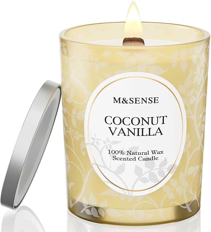 M&SENSE Coconut Vanilla Scented Candle, Cracking Wooden Wick Soy Wax, 18oz 100 Hours Long Lasting Clean Burn, Large Jar Candles for Home Decor, Non-Toxic Relaxing Aromatherapy Gifts for Women - Bloomnest