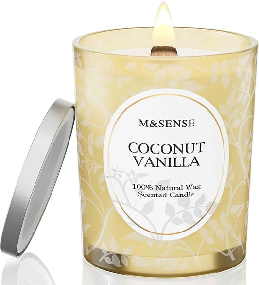 M&SENSE Coconut Vanilla Scented Candle, Cracking Wooden Wick Soy Wax, 18oz 100 Hours Long Lasting Clean Burn, Large Jar Candles for Home Decor, Non-Toxic Relaxing Aromatherapy Gifts for Women - Bloomnest