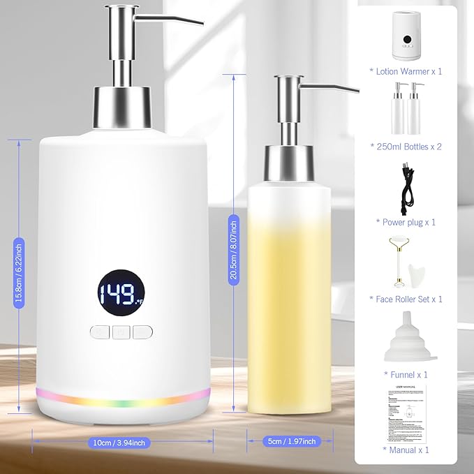 Oil Warmer for Massage, Yofuly Heated Body Lotion Dispenser Device with Gua Sha Roller Set, Electric Massage Oil Gel Bottles Heater with Ambient Lighting, White - Bloomnest