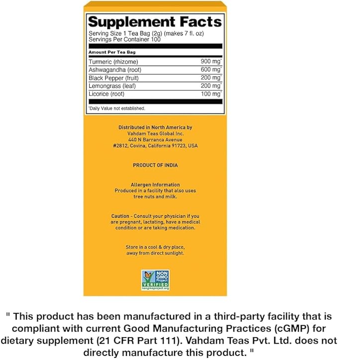 VAHDAM, Turmeric Ashwagandha Herbal Tea Bags (100 Count) Caffeine Free, Non GMO, Gluten Free | 100% Pure Herbal Blend - Sweet & Earthy | Whole Leaf Tea Bags | Resealable Ziplock Pouch - Bloomnest