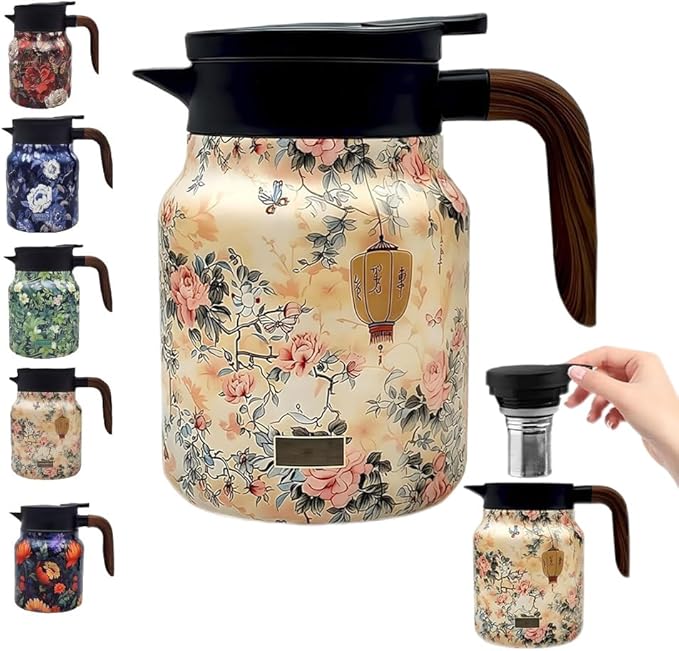 Vintage Floral Pattern Teapot,Vintage Teapot Built-in Infuser Stainless Steel Thermal Carafe with Lid for Hot Drinks(Wooden handle,35oz)