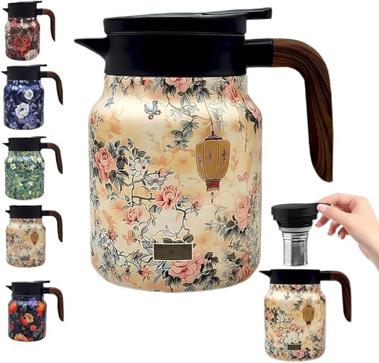 Vintage Floral Pattern Teapot,Vintage Teapot Built-in Infuser Stainless Steel Thermal Carafe with Lid for Hot Drinks(Wooden handle,35oz)