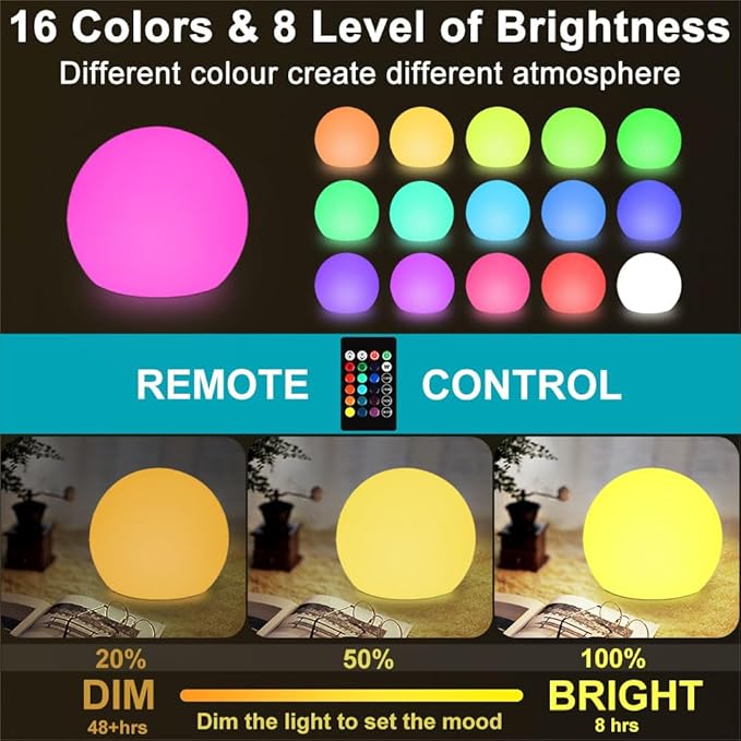 8-in LED Glowing Ball Light for Kid, 16 RGB Color Changing Globe Orb Night Light Mood Lamp w/Remote, Rechargeable Light Up Ball Dimmable Sphere Bedside Lamp, Great for Bedroom Garden Patio Party Decor - Bloomnest