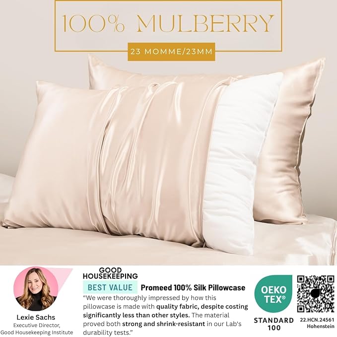 PROMEED 23 Momme Silk Pillowcase 2 Pack Toddler/Travel Size with Free Laundry Bag, Highest Grade 6A+ 100% Mulberry Silk Pillow Case Set of 2, Zipper (Toddler/Travel 13"x18", Champagne) - Bloomnest