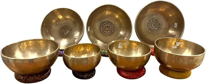 7 Chakra Singing Bowl Set – Tibetan Singing Bowl Set of 7 – Handcrafted Healing Bowls (5"–10") – Chakra Symbols with Lotus Flower Carving – Meditation & Sound Therapy Bloomnest