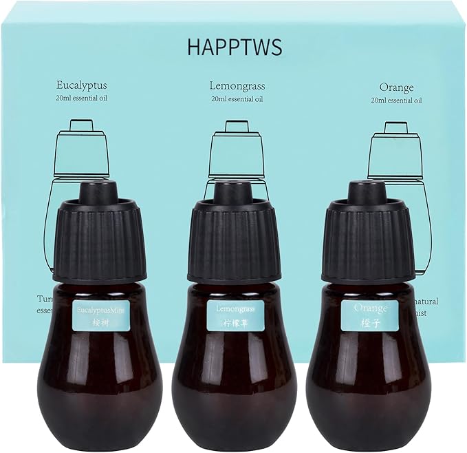 HAPPTWS Aromatherapy Essential Oil Set - 3-Piece Essential Oil Set in Three Flavors: Eucalyptus, Lemongrass, and Orange