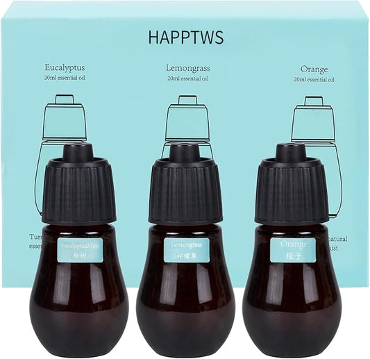 HAPPTWS Aromatherapy Essential Oil Set - 3-Piece Essential Oil Set in Three Flavors: Eucalyptus, Lemongrass, and Orange