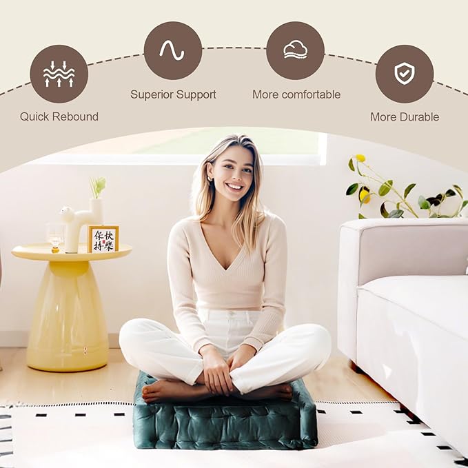 Square Floor Pillows, Large Floor Cushion for Adults Kids, Meditation Floor Pillow Seating Cushion with Shredded Memory Foam and Silk Wadding, 20"x20"x5" Dark Green 2 Count - Bloomnest