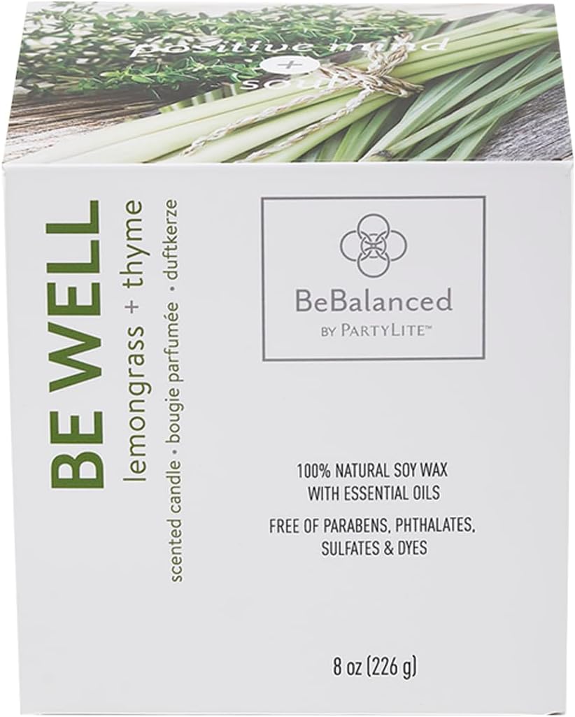 PartyLite Be Well Lemongrass + Thyme Jar Candle, 40-50 Hour Burn, 100% Soy Wax, Essential Oils, Ceramic Jar