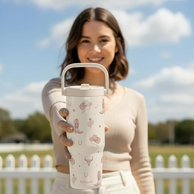SANDJEST Cowgirl Stainless Steel Straw Lid Tumbler 30oz with Carry Handle for Women Girls, Insulated Travel Coffee Cup, Gift for Sports Outdoor Workout Christmas Birthday - Bloomnest