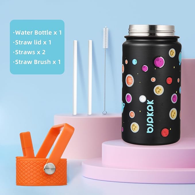 BJPKPK Insulated Water Bottle with Straw Lid, 15 oz Stainless Steel Metal Water Bottles, Reusable Leak Proof BPA Free Thermo, Flask, Cups - Planets - Bloomnest