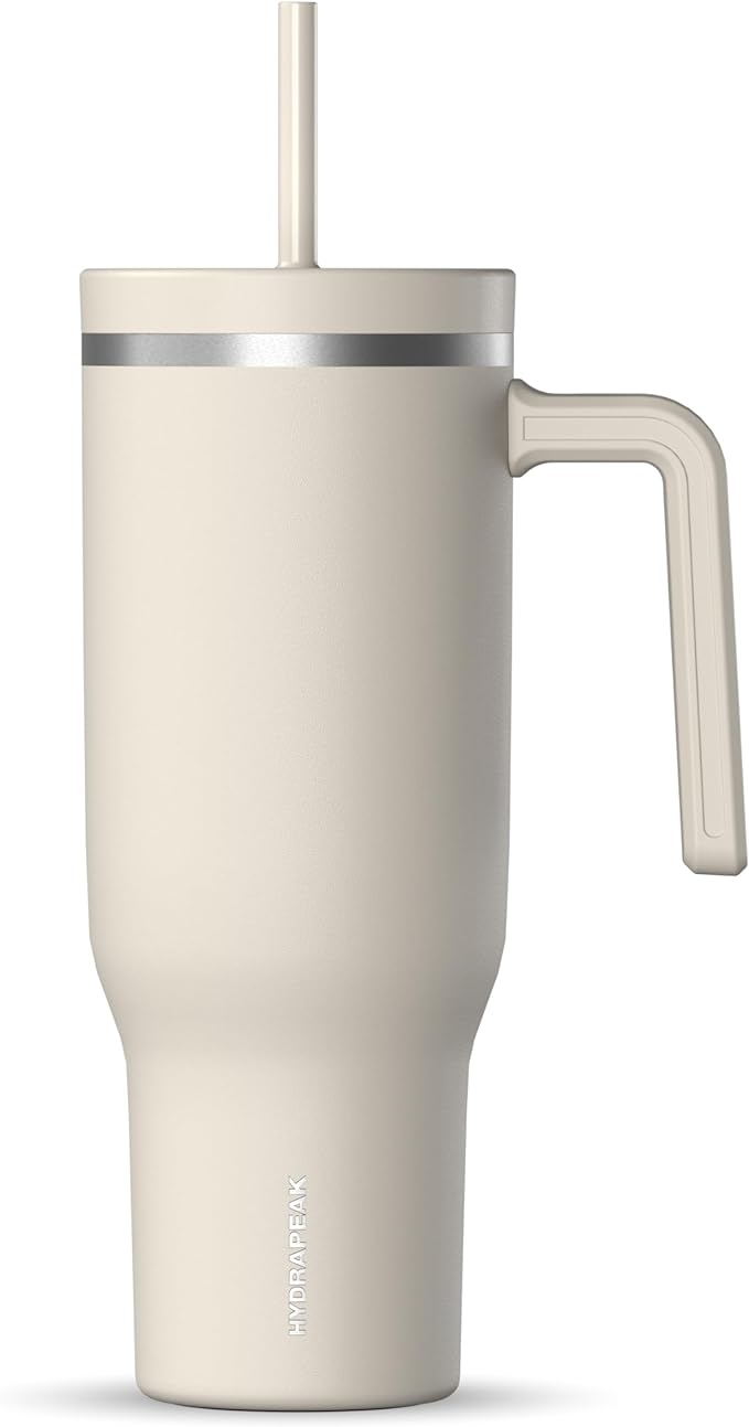 Hydrapeak Voyager 40 Oz Stainless Steel Tumbler with Handle, Insulated Water Bottle With Straw & Lid, Cupholder Friendly Reusable Travel Mug (Stone) - Bloomnest