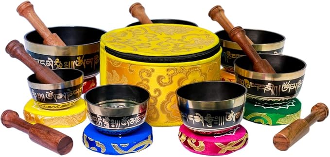 Chakra Healing Tibetan Singing Bowl Sets 7 Sets of Meditation Bowls From Nepal (Black painted) Bloomnest