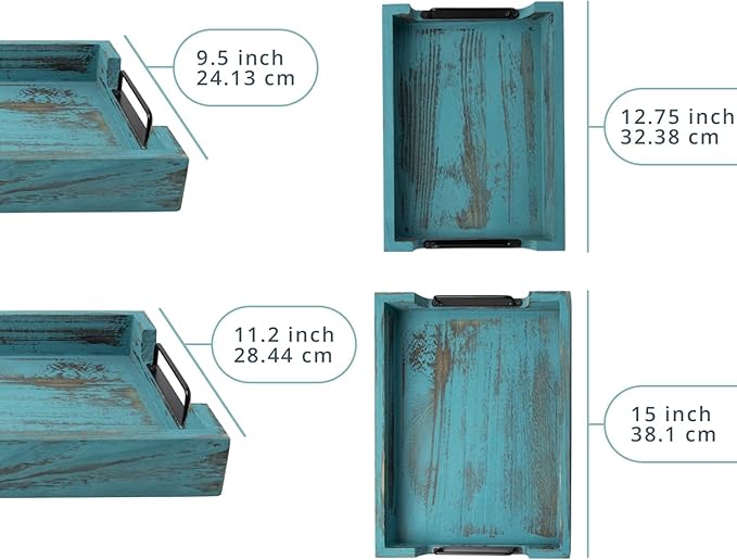 Comfify Rustic Wooden Serving Trays with Handle - Set of 2 - Large and Small Nesting Multipurpose Trays - for Breakfast, Coffee Table/Butler & More - Rustic Blue - Bloomnest