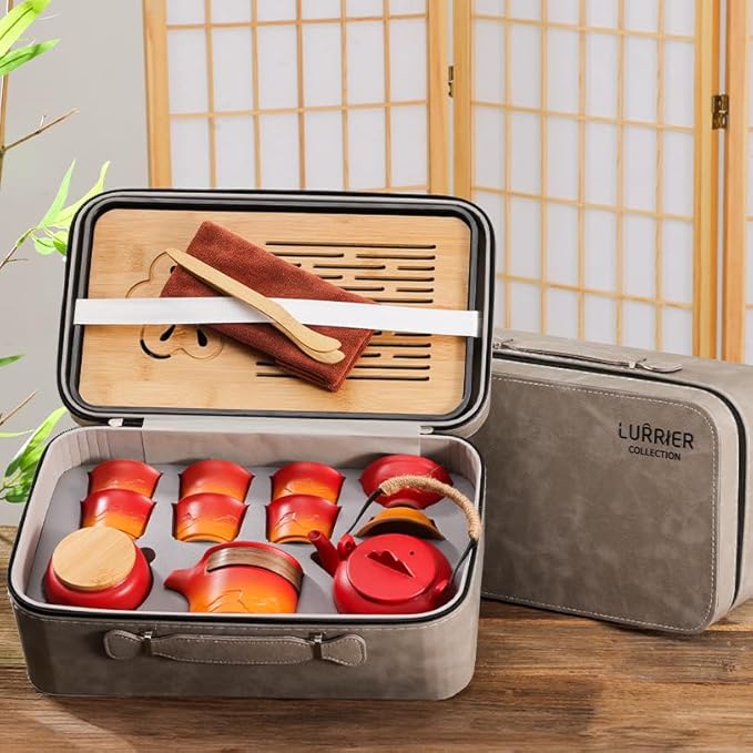 LURRIER Gongfu tea sets, Portable Ceramic TeaSet, Asian Tea sets for adult, Tea Gift sets, Grey leather case, Portable Travel Bag,Home,Gifting,Outdoor and Office(Red and Orange) - Bloomnest