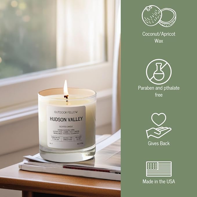 Outdoor Fellow Hudson Valley Scented Candle, 8oz, Coconut & Apricot Wax Blend, Orange Blossom, Jasmine, Patchouli, Reusable Glass, 40-50 Hour Burn Time - Bloomnest
