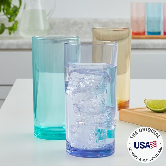 US Acrylic Classic Plastic Reusable Drinking Glasses (Set of 6) 16oz Water Cups Assorted Colors | BPA-Free Tumblers, Made in USA | Top-Rack Dishwasher Safe - Bloomnest
