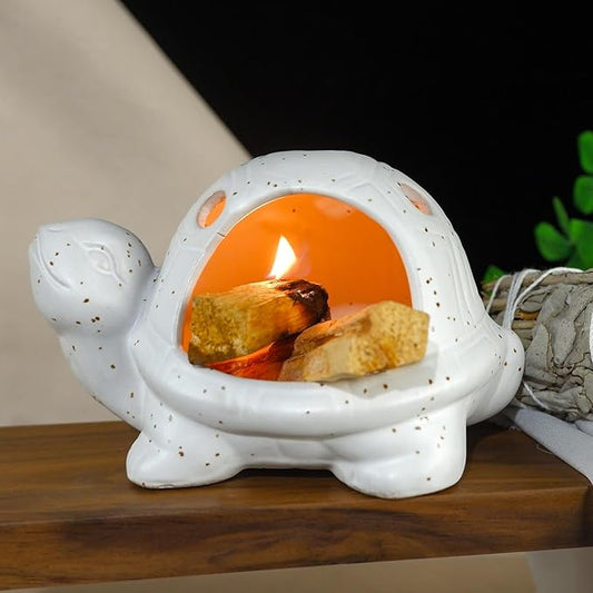 Handcrafted White Ceramic Turtle Palo Santo Holder, Sage, Cone Incense and Copal Burner Holder | Ideal for Meditation, Yoga, Aromatherapy & Altar Spaces | Zen-Inspired Home Decor Gift MOUGIGI