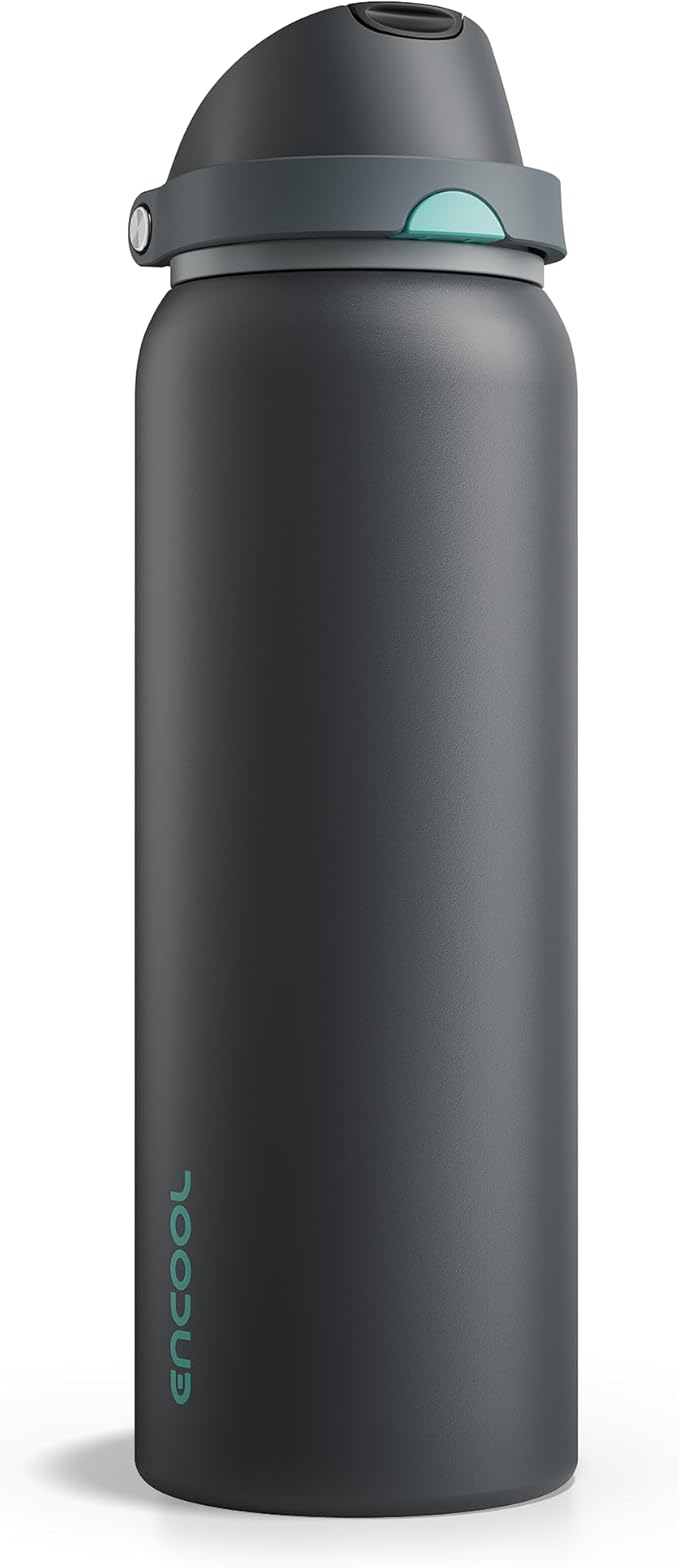 Insulated Water Bottle with Straw - Encool Stainless Steel Water Bottle with Push Button Lid, Leak-Proof & BPA-Free, Keeps Cold for 24 Hours for Sports, Travel, Gym (40 oz, Tuna Grey-Green) ENCOOL