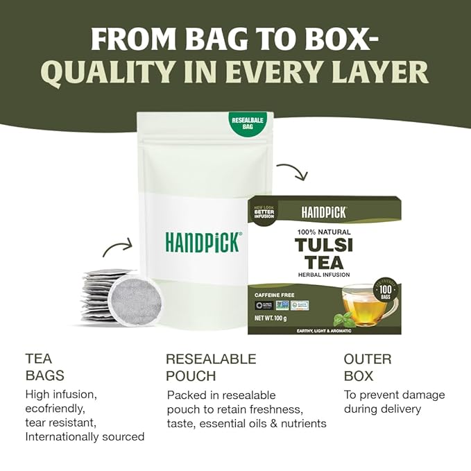 HANDPICK Original Tulsi Tea (100 count) Holy Basil Calming and Stress Relief Tea, Immune Support | Non-GMO, Caffeine-Free Herbal Tea | Ecofriendly Round Tea Bags - Bloomnest