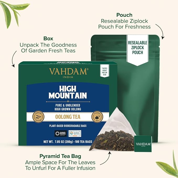 VAHDAM, High Mountain Oolong Tea Bags (100 Count) Non GMO, Gluten Free | High Grown Oolong Tea Leaves - Light & Floral | Resealable Ziplock Pouch - Bloomnest