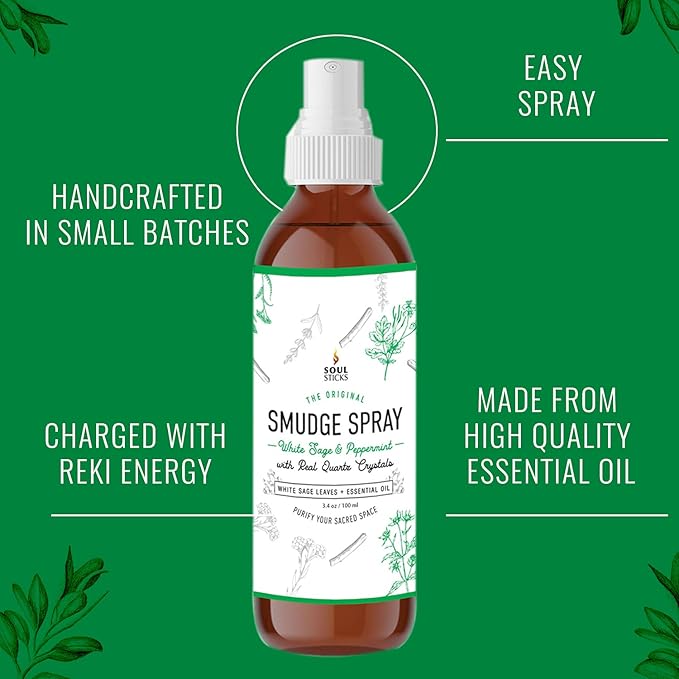 Soul Sticks Smudge Spray for Cleansing Negative Energy and Purifying Home | Made with White Sage and Quartz Crystals | 3.5 oz. Bottle (White Sage & Peppermint) SoulSticks