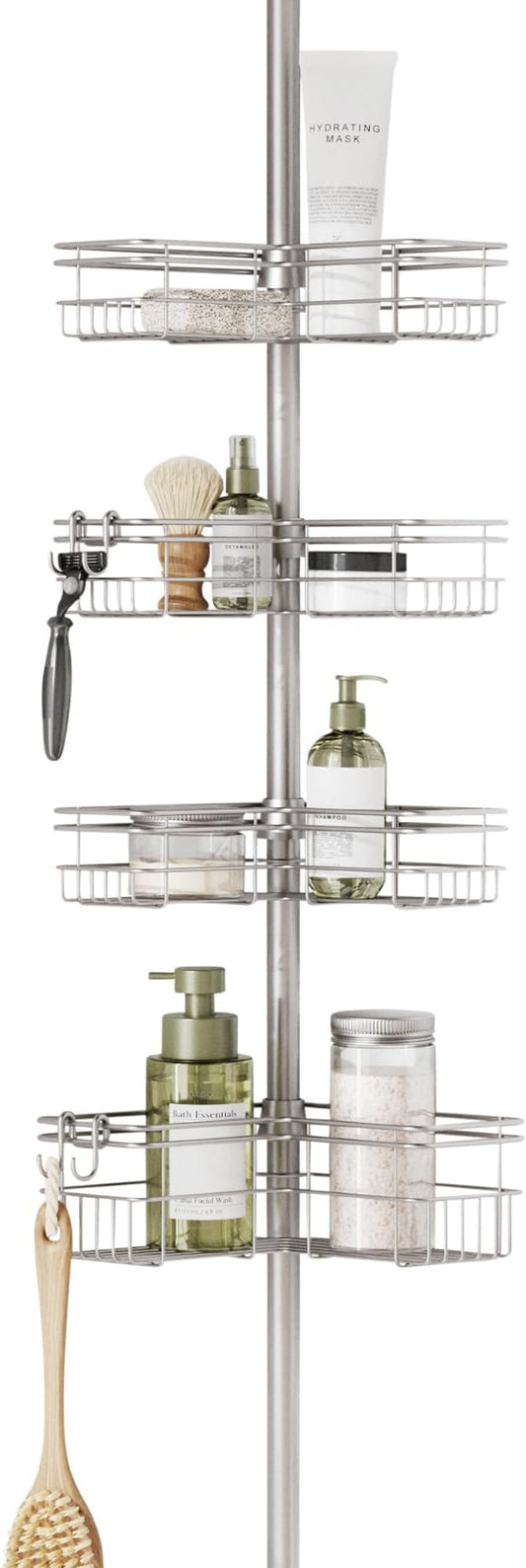Zenna Home Tension Pole Shower Caddy Corner Organizer, Adjustable Standing Shower Caddy with 4 L-shaped Baskets and Hooks, Rust Resistant Bathroom Tension Rod Organizer, 60 to 97 Inch, Satin Nickel - Bloomnest