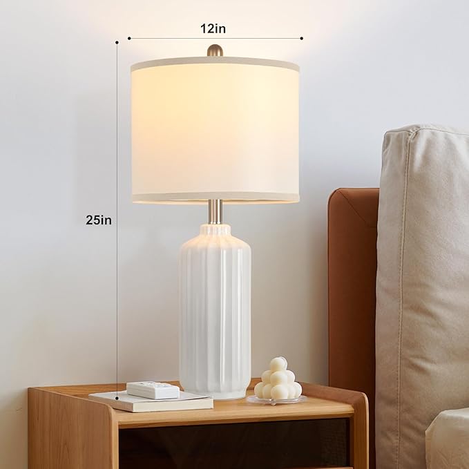 Lamp for Living Room Bedroom Lamps Farmhouse Table Lamps Set of 2 Vertical Stripe Ceramic Table Lamp,Linen Shade with Bulb, 25 in High, White - Bloomnest