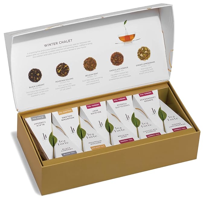 Tea Forte Premium Petite Presentation Box Gift Set Sampler, 10 Count, 2 of Each Blend Individually Wrapped Handcrafted Pyramid Infuser Bags, Winter Chalet