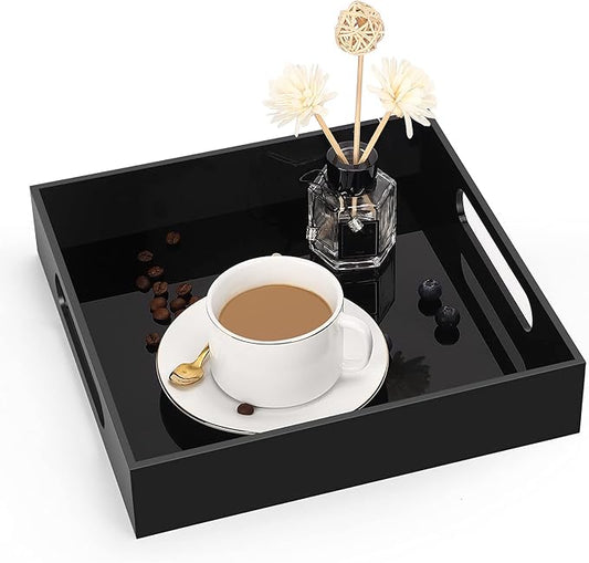 Home Decorative Coffee Table Tray, 10"x10" Elegant Acrylic Serving Trays with Handles Works for Eating, Breakfast, Makeup Drawer Organizer,Bathroom Vanity Table,Ottoman Tray, Black - Bloomnest