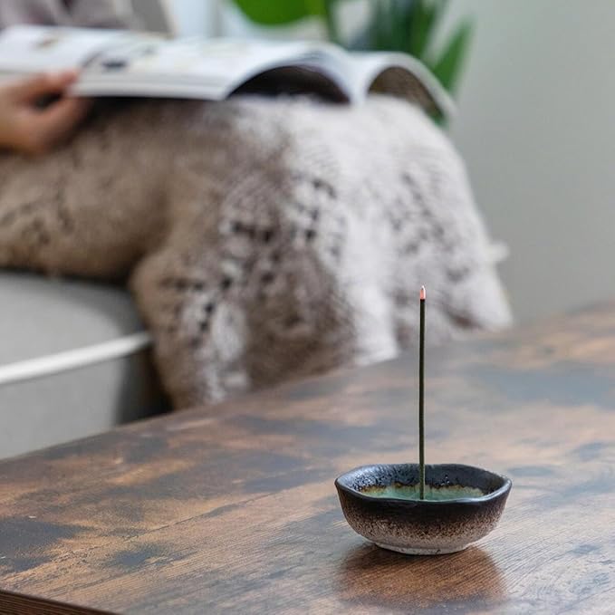Asayu Japan Traditional Smoke Incense Gift Set with Incense Holder and Brass Stand, Sandalwood & White Sage Blend Incense Sticks with Mini Aquamarine Ceramic Holder - Bloomnest