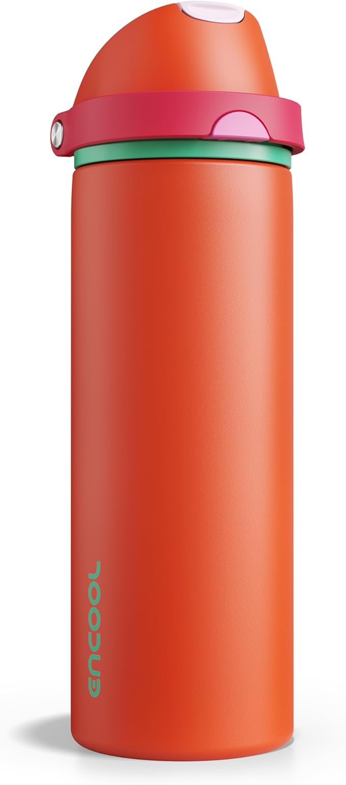 Insulated Water Bottle with Straw - Encool Stainless Steel Water Bottle with Push Button Lid, Leak-Proof & BPA-Free, Keeps Cold for 24 Hours for Sports, Travel, Gym (24 oz, Grapefruit Red) ENCOOL