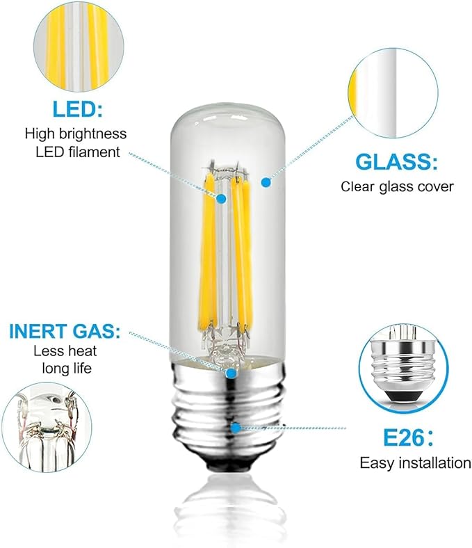 3.2 Inch 5000K Daylight White E26 LED Bulb 60 Watt Equal, AC 120V 600LM Edison Bulbs Dimmable, 6W T10 T30 Filament Light Bulbs Clear Glass for Fan Pendant Wall Light, UL Listed-6 Pack - Bloomnest