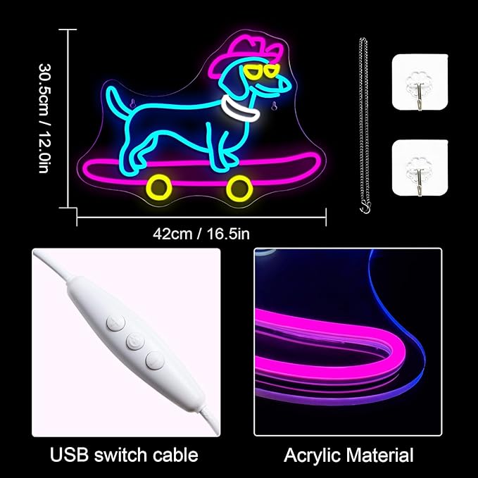Lucunstar Dachshund Neon Sign Skateboard Dog Neon Light up Sign USB Adjustable Neon Lights Art Wall Decor LED Sign for Bedroom Shop Pet Lovers Gift - Bloomnest