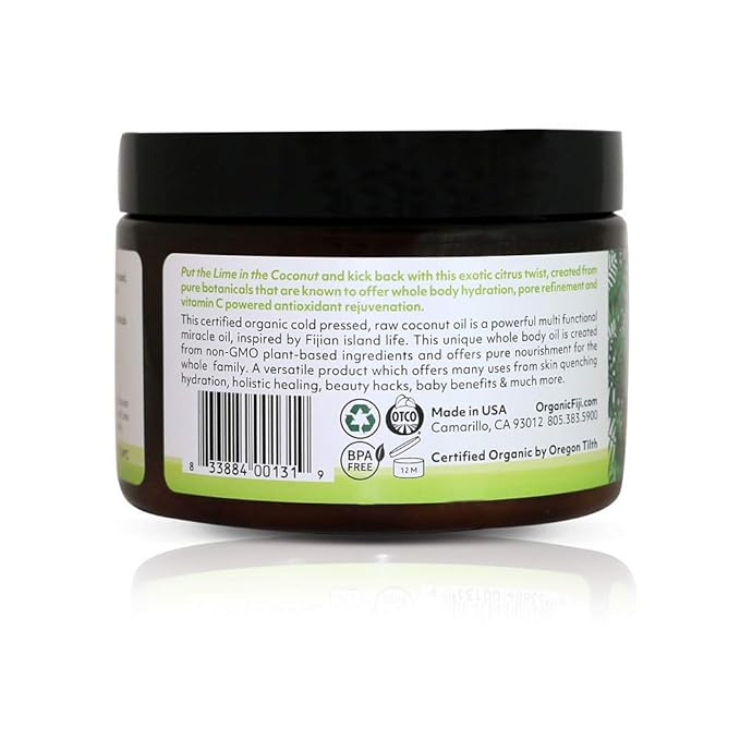 Organic Fiji Raw Cold Pressed Coconut Oil for Hair, Skin, Face & Body | Relaxing Massage Oil | Coconut Lime,12 oz for Women Men & Baby - Bloomnest