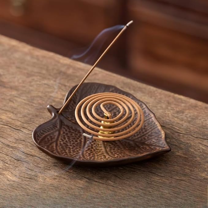 2-Style Ceramic Incense Burner, Bodhi&Ginkgo Leaf Design, Ceramic Incense Holder for Sticks with Ash Catcher&Built-in Stand, Zen Meaning Decor for Home, Office&Yoga/Sage/Cone(Brown and White) - Bloomnest