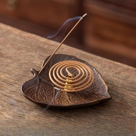 2-Style Ceramic Incense Burner, Bodhi&Ginkgo Leaf Design, Ceramic Incense Holder for Sticks with Ash Catcher&Built-in Stand, Zen Meaning Decor for Home, Office&Yoga/Sage/Cone(Brown and White) - Bloomnest