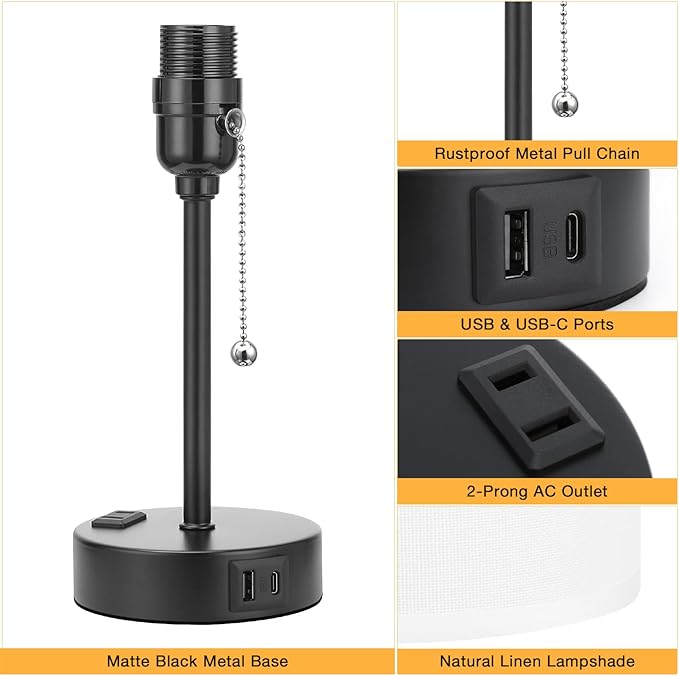 Small Bedside Table lamp for Bedroom - 3 Color Temperatures Bedside Lamps with USB C and A Ports, Pull Chain Table Lamps with AC Outlet, White Nightstand Lamps with Black Metal Base for Kids Reading - Bloomnest