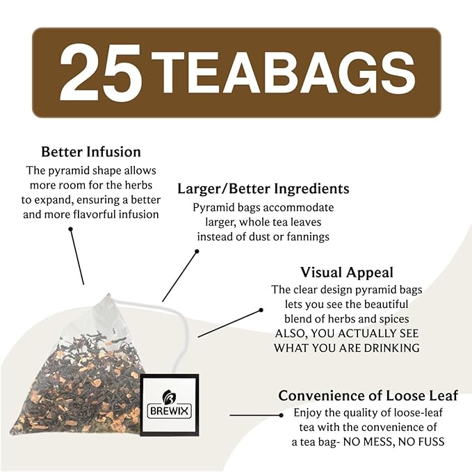 BREWIX, Vanilla Spiced Chai Tea (25 Pyramid Tea Bags) | High Caffeine, Gluten Free | Blend Of Vanilla & Masala Chai Tea | Black Tea with Cinnamon, Black Pepper, Cardamom and Clove | Energy & Focus Tea - Bloomnest