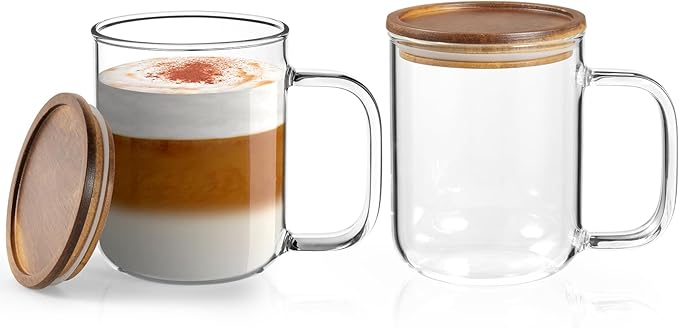 DRASTAR Glass Coffee Cups, 12 oz Clear Coffee Mugs, Flat Bottomed Cups with Acacia Wood Lid, Glass Tea Cup with Handle, Espresso Cappuccino Tea Cup Set of 2 - Bloomnest