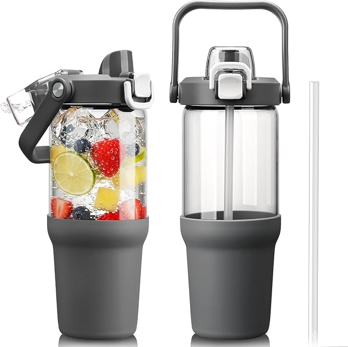 Glass Tumbler with Carry Handle, Clear Glass Water Bottle with Leakproof Lid, Spout Lid&Straw, BPA-Free, 32 oz, Grey - Bloomnest
