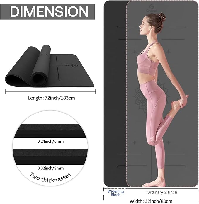 Yoga Mat Non Slip TPE Extra Wide Yoga Mat with Alignment Mark, 72"L x 32"W x 0.32"/0.24"Th (183cm x 80cm x 8mm/6mm), Anti-Tear Exercise Mat with Carrying Strap and Bag, Workout Mats for Yoga, Pilates - Bloomnest